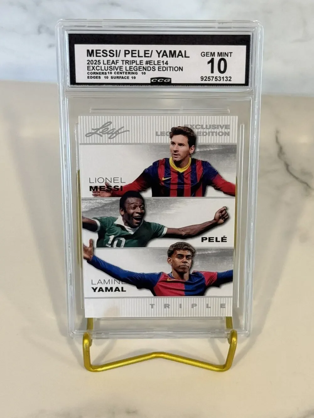 Messi / Pelé / Yamal 2025 Leaf Triple #ELE14 Exclusive Legends Edition Gem 10